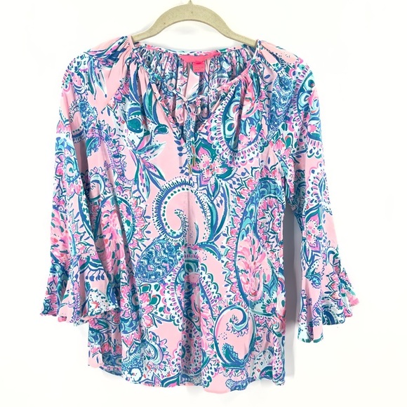 Lilly Pulitzer Tops - Lilly Pulitzer Womens Willa Flounce Sleeve Top Size XXS Pink Blue Tropical Print